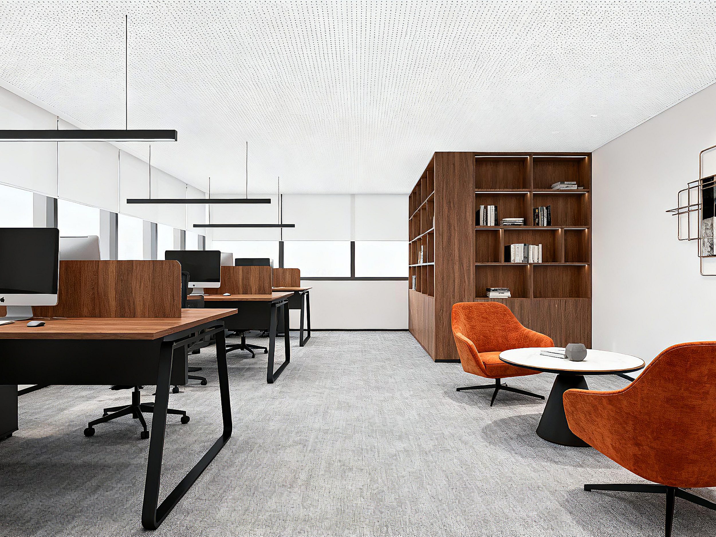 Mrs. Alu modern office workspace interior featuring commercial grade skirting and wall panels